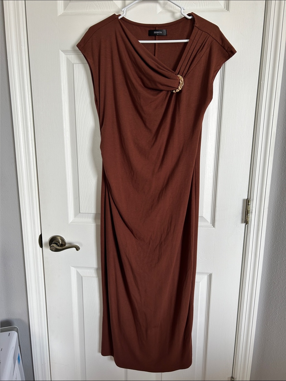 Zesica Chestnut Draped Midi Dress with Ring Detail
